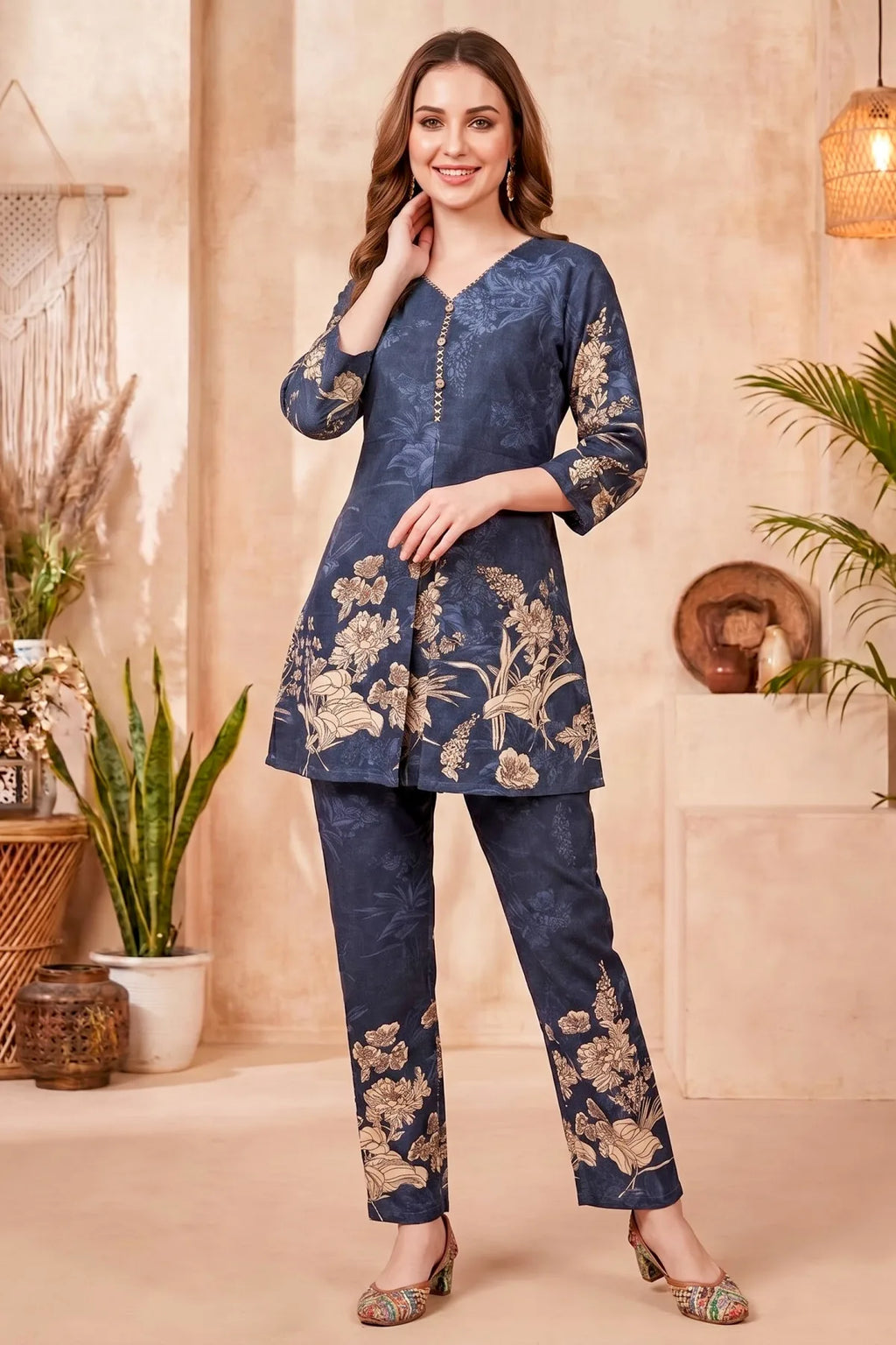 Navy Blue Cotton Floral Print Kurta Pant Co Ord Set