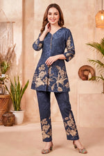 Navy Blue Cotton Floral Print Kurta Pant Co Ord Set