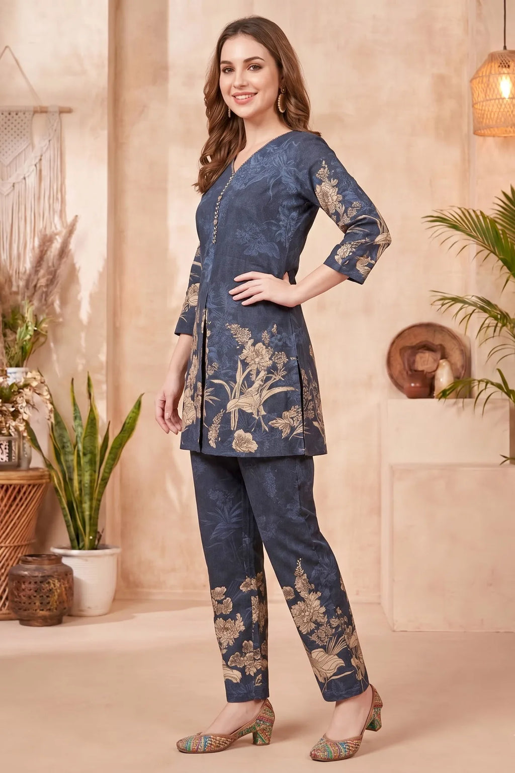 Navy Blue Cotton Floral Print Kurta Pant Co Ord Set
