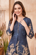 Navy Blue Cotton Floral Print Kurta Pant Co Ord Set