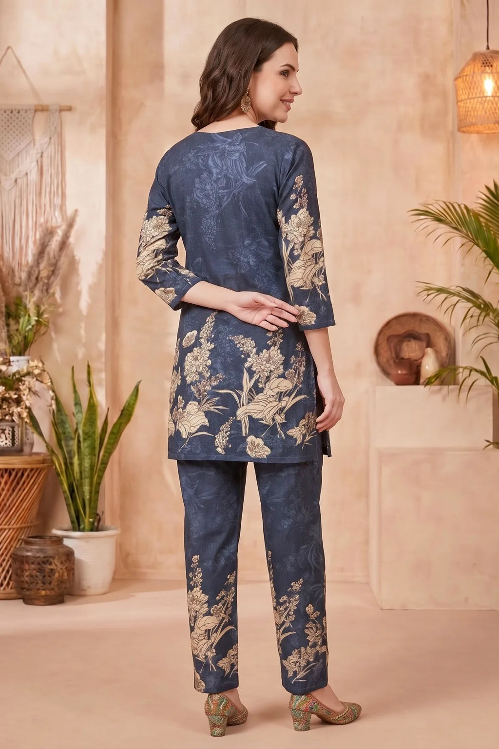 Navy Blue Cotton Floral Print Kurta Pant Co Ord Set