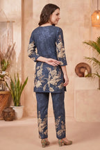 Navy Blue Cotton Floral Print Kurta Pant Co Ord Set