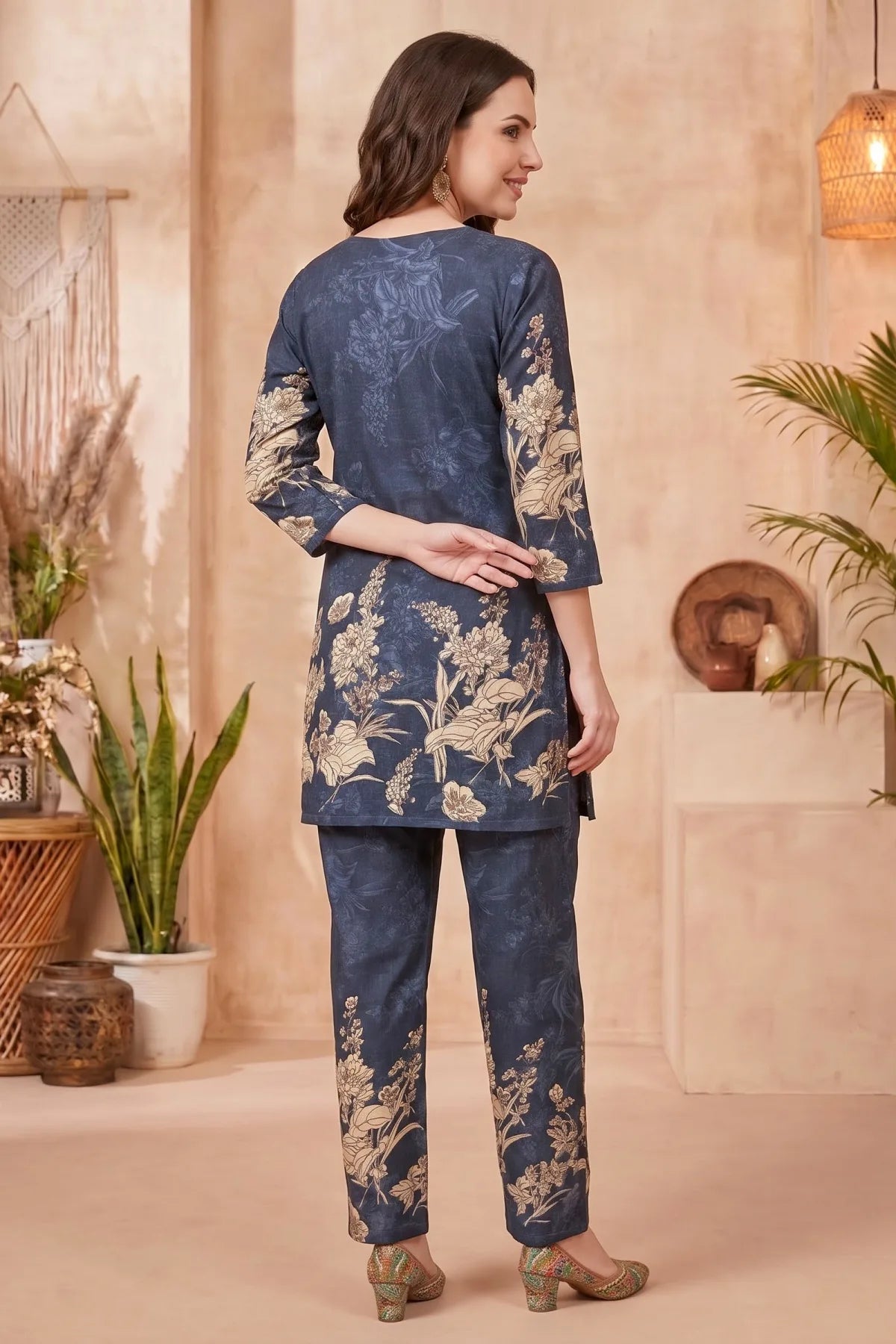 Navy Blue Cotton Floral Print Kurta Pant Co Ord Set