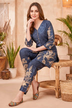 Navy Blue Cotton Floral Print Kurta Pant Co Ord Set