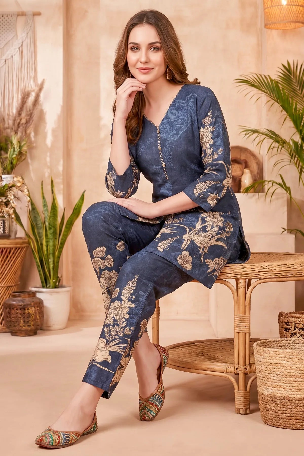 Navy Blue Cotton Floral Print Kurta Pant Co Ord Set