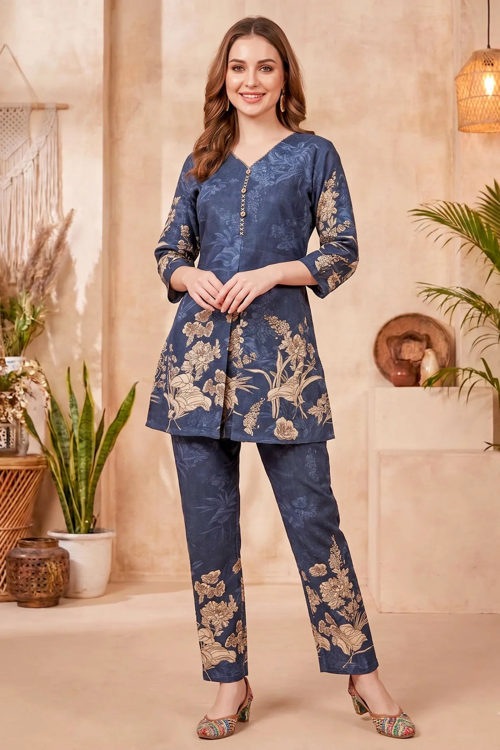 Navy Blue Cotton Floral Print Kurta Pant Co Ord Set