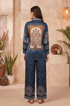 Navy Blue Modal Silk Bandhani Print Shirt Top with Collar