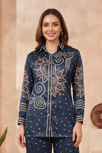 Navy Blue Modal Silk Bandhani Print Shirt Top with Collar