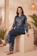 Navy Blue Modal Silk Bandhani Print Shirt Top with Collar