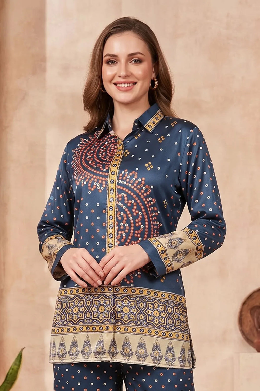Navy Blue Modal Silk Bandhani Print Shirt for Women