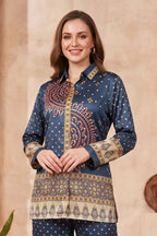 Navy Blue Modal Silk Bandhani Print Shirt for Women