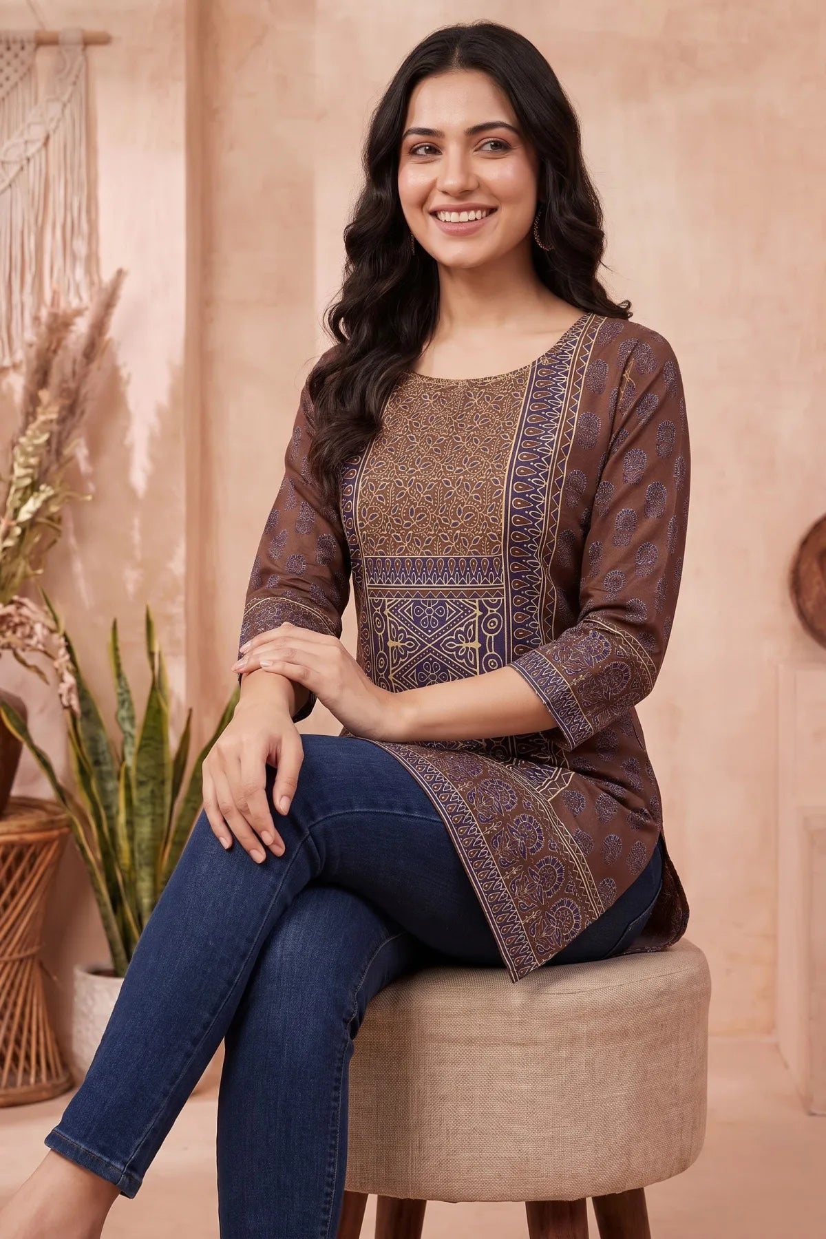 Brown Azrakh Print Blended Cotton Short Kurti