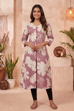 Onion Pink A Line Kurti with Large Floral Print