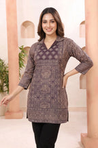 Mystic Wine Ajrakh Print Cotton Blend Short Kurti