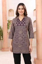 Mystic Wine Ajrakh Print Cotton Blend Short Kurti
