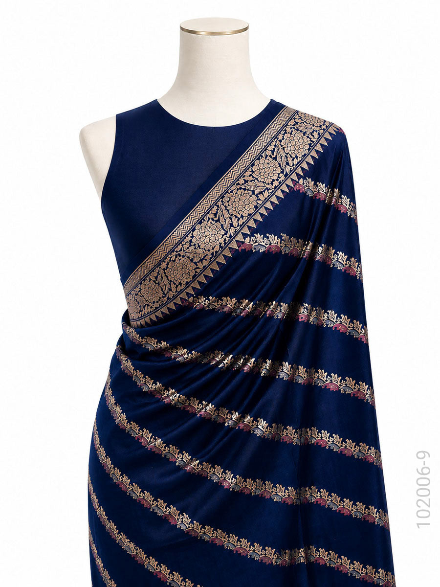 Katan Silk Zari Work Diagonal Stripe Banarasi Saree