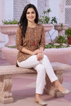 Olive Green Cotton Printed Tunic with Button and Thread Work