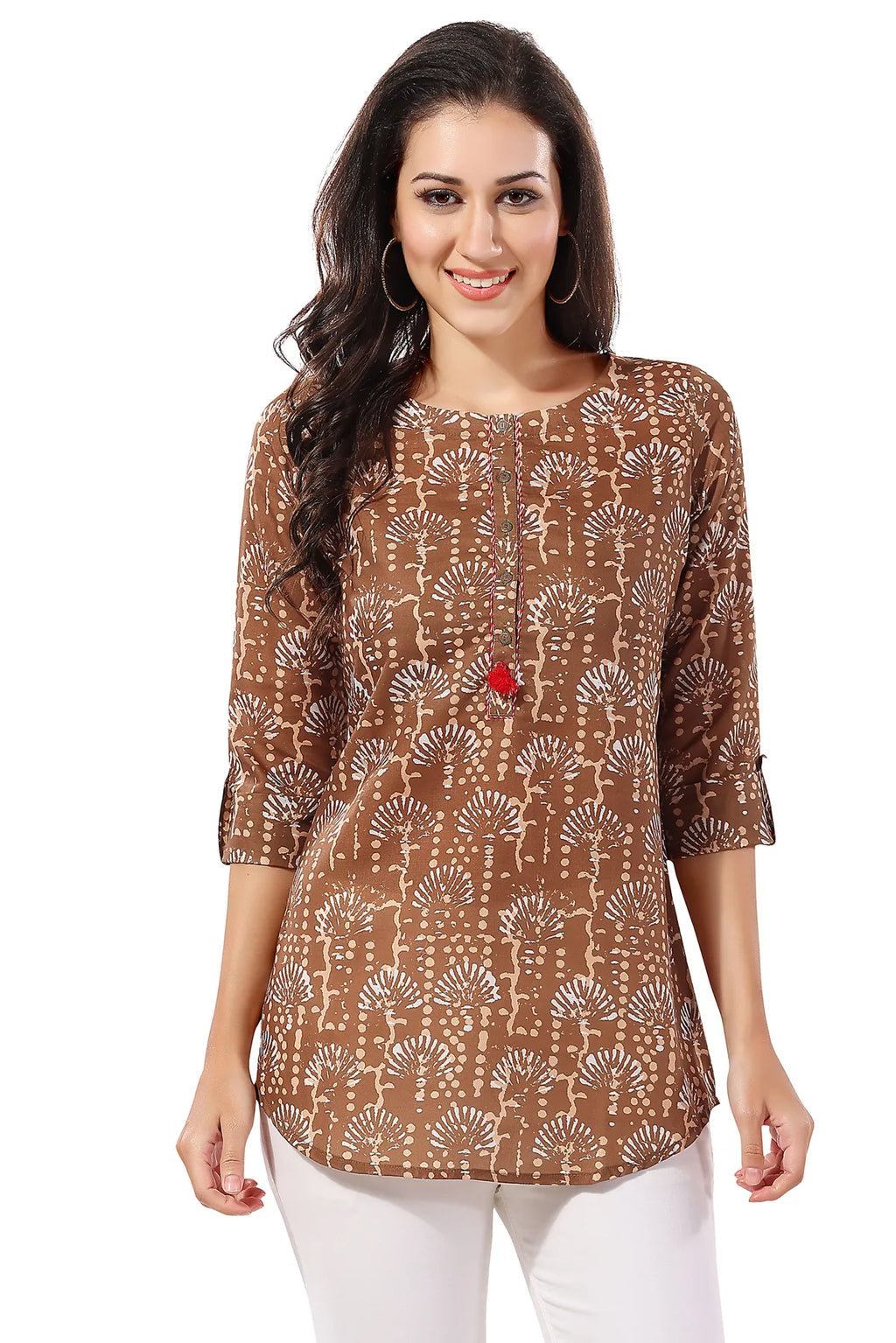 Olive Green Cotton Printed Tunic with Button and Thread Work