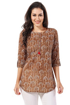 Olive Green Cotton Printed Tunic with Button and Thread Work