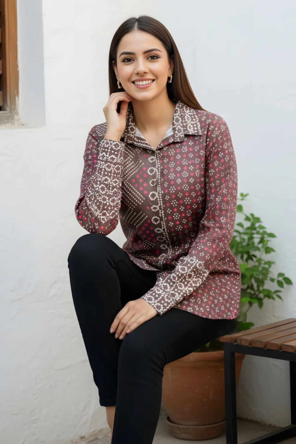 Olive Green Modal Azrakh Print Shirt Style Kurti Top