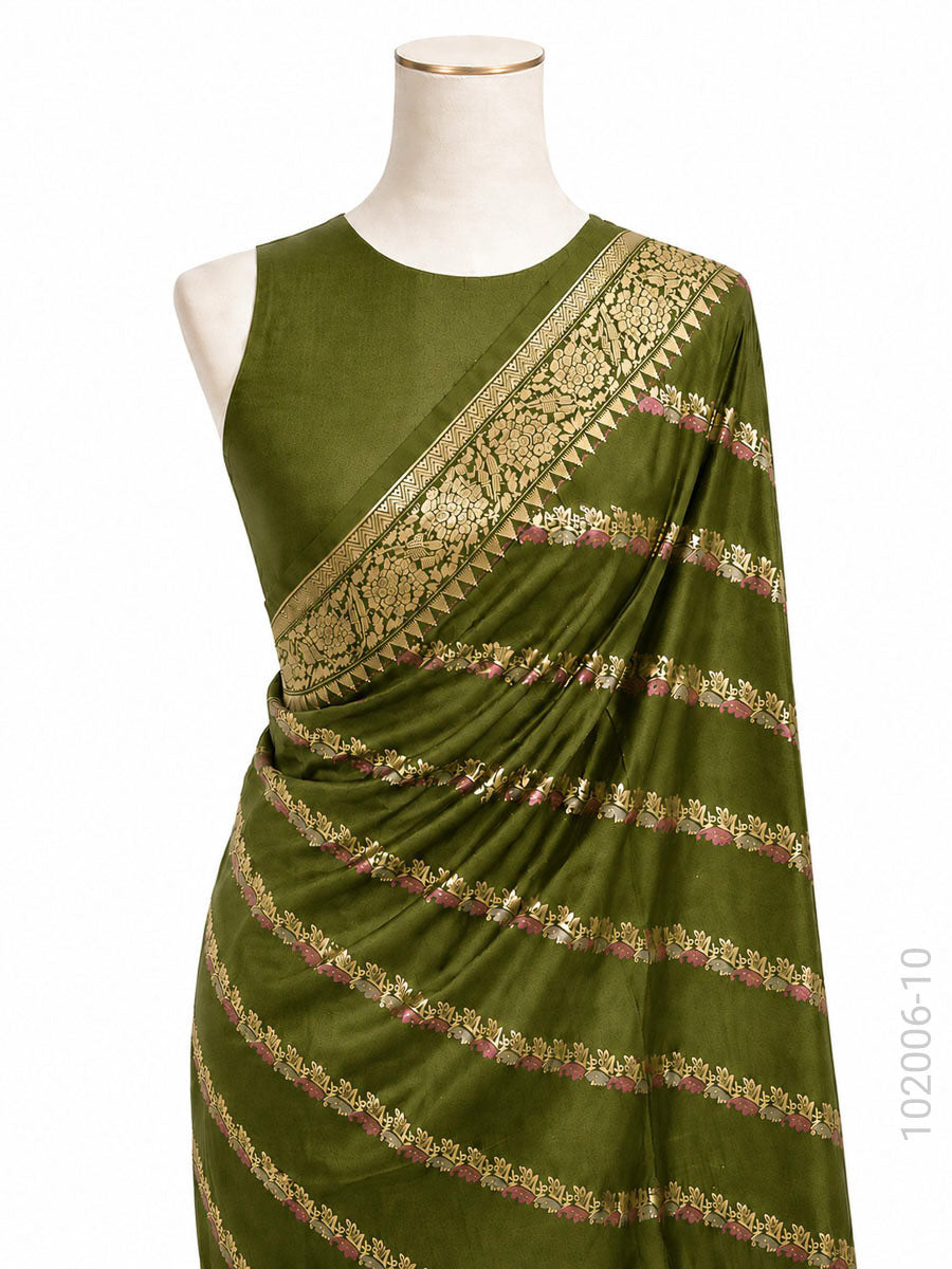 Katan Silk Zari Work Diagonal Stripe Banarasi Saree