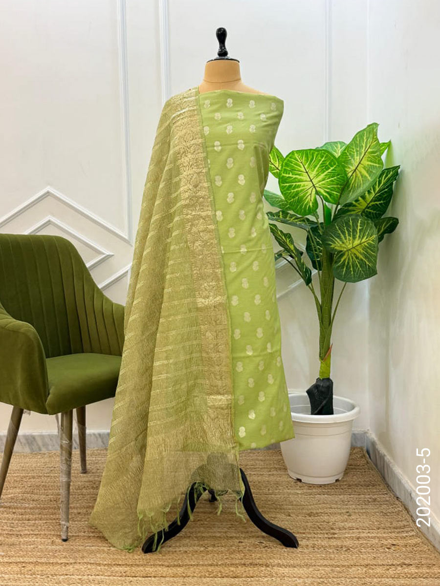 Mercerized Cotton Zari Buti Work Banarasi Suit With Tissue Dupatta