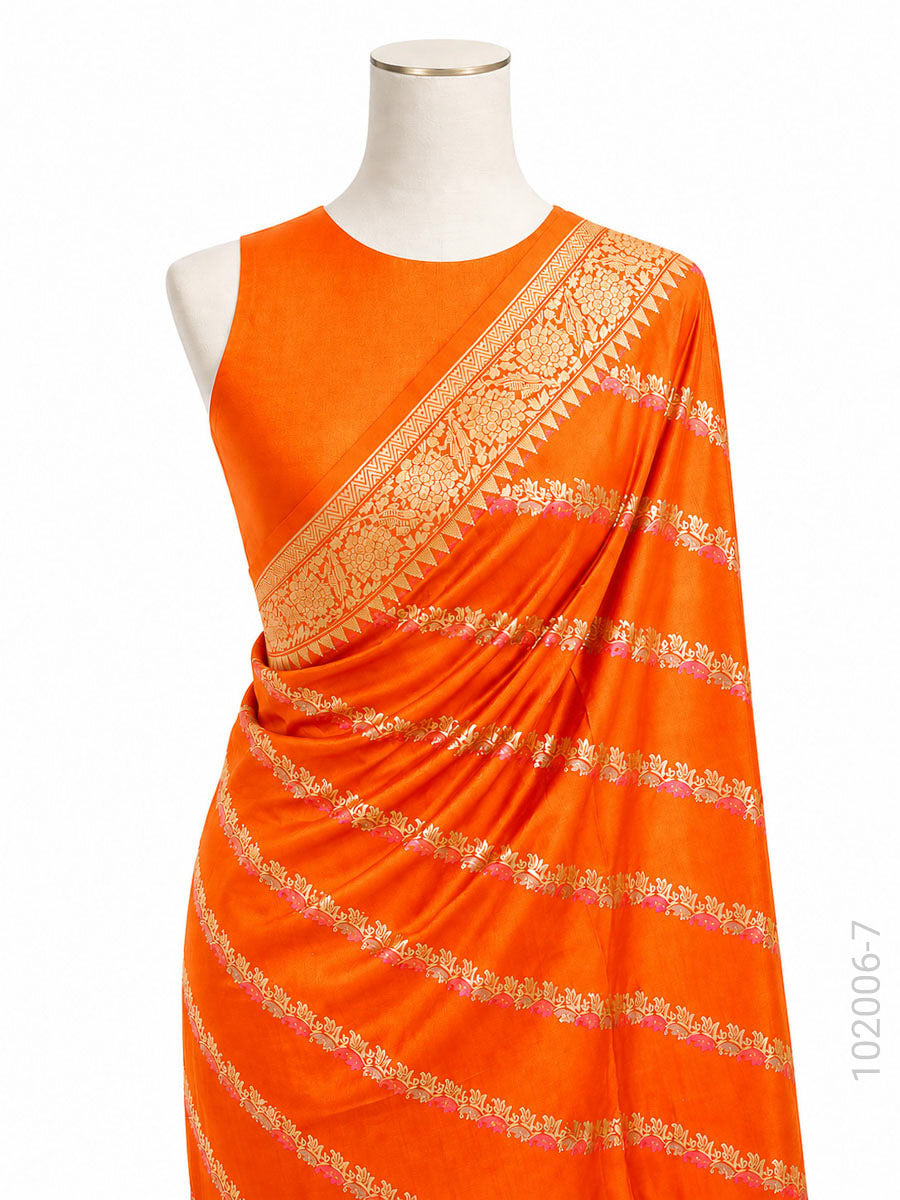 Katan Silk Zari Work Diagonal Stripe Banarasi Saree