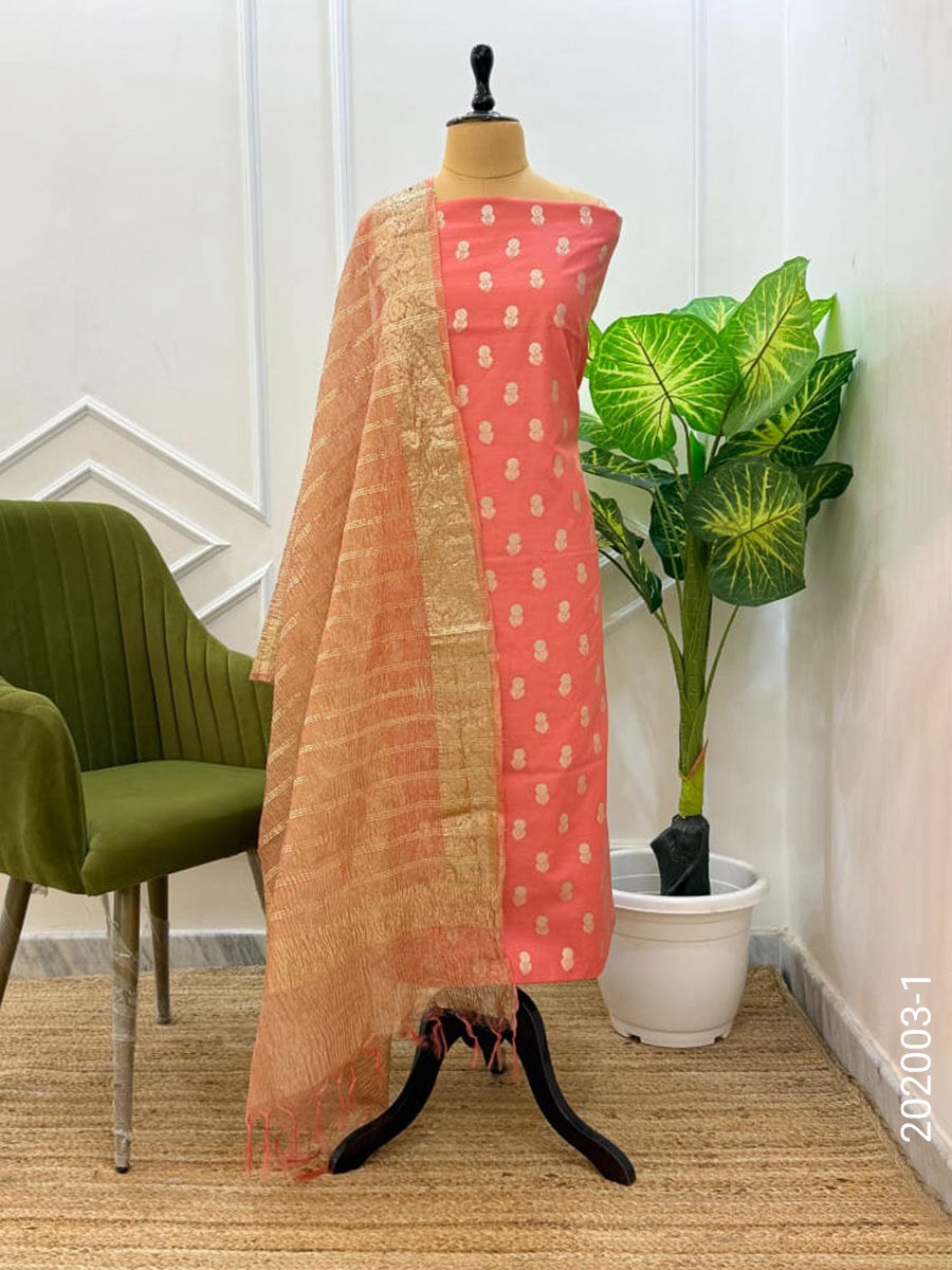 Mercerized Cotton Zari Buti Work Banarasi Suit With Tissue Dupatta