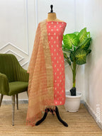 Mercerized Cotton Zari Buti Work Banarasi Suit With Tissue Dupatta