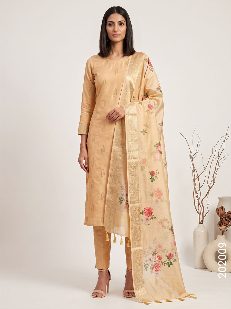 Mercerized Cotton Zari Buta Work Banarasi Suit With Chanderi Dupatta