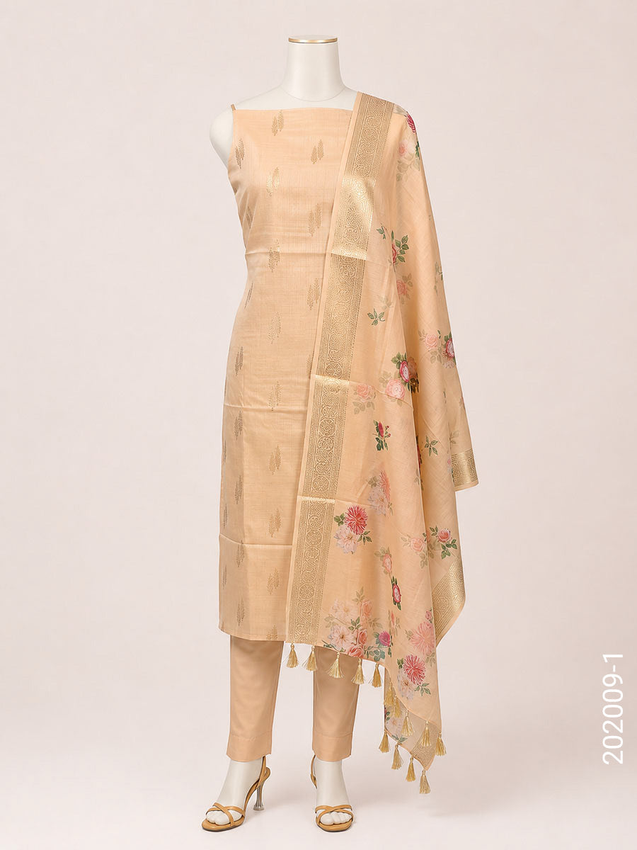 Mercerized Cotton Zari Buta Work Banarasi Suit With Chanderi Dupatta