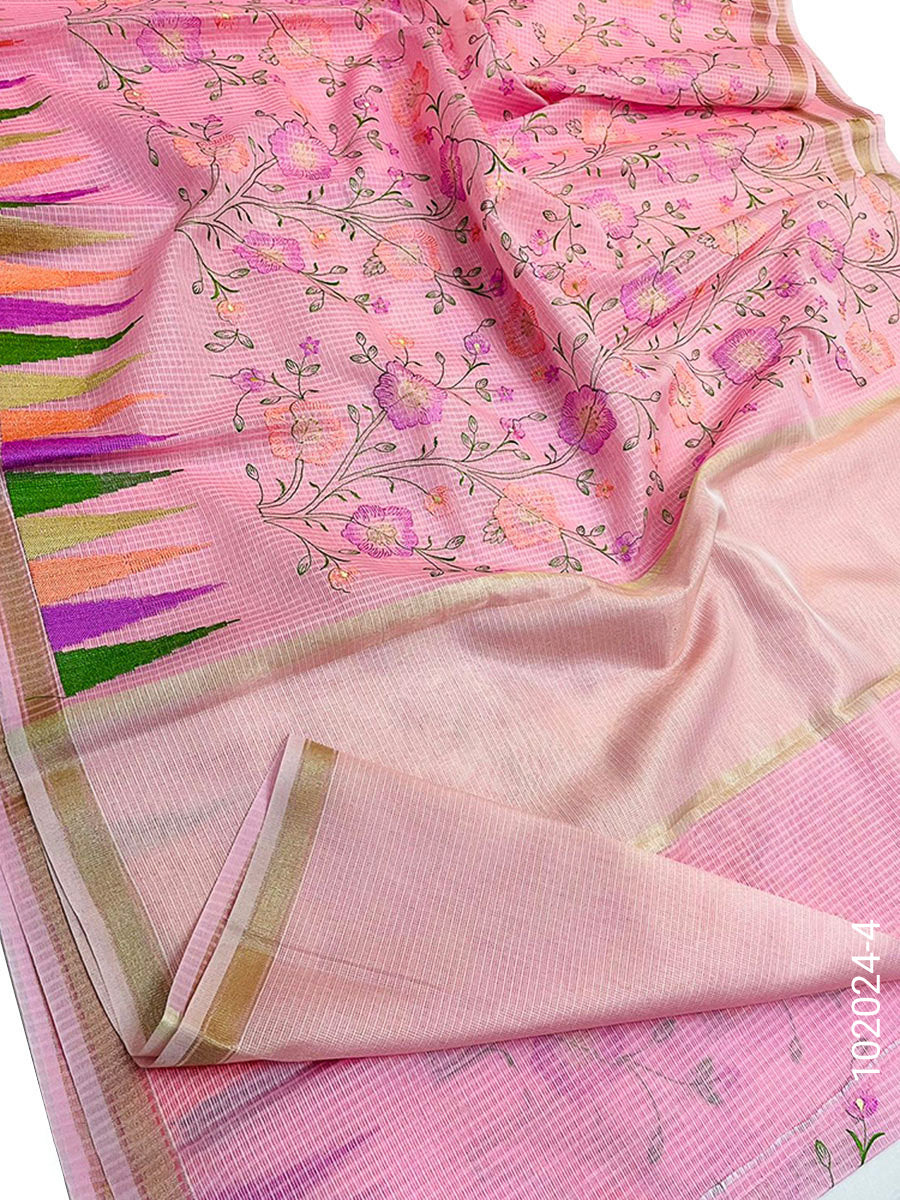 Cotton Embroidery Work Kota Checks Banarasi Saree