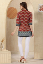 Pink Cotton Print Mandarin Collar Short Tunic Top