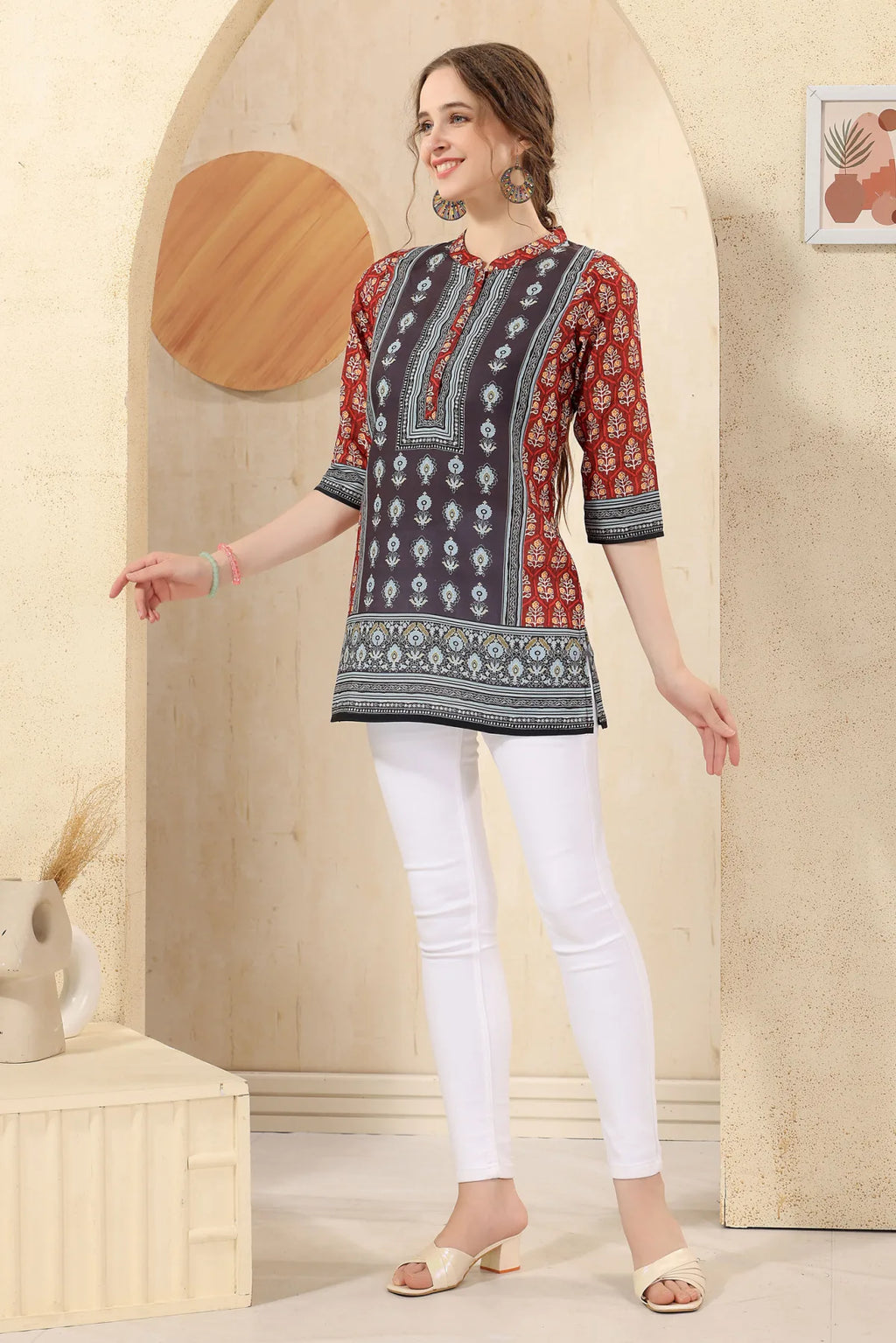 Pink Cotton Print Mandarin Collar Short Tunic Top