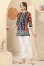 Pink Cotton Print Mandarin Collar Short Tunic Top