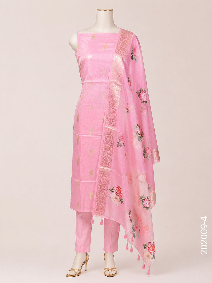 Mercerized Cotton Zari Buta Work Banarasi Suit With Chanderi Dupatta