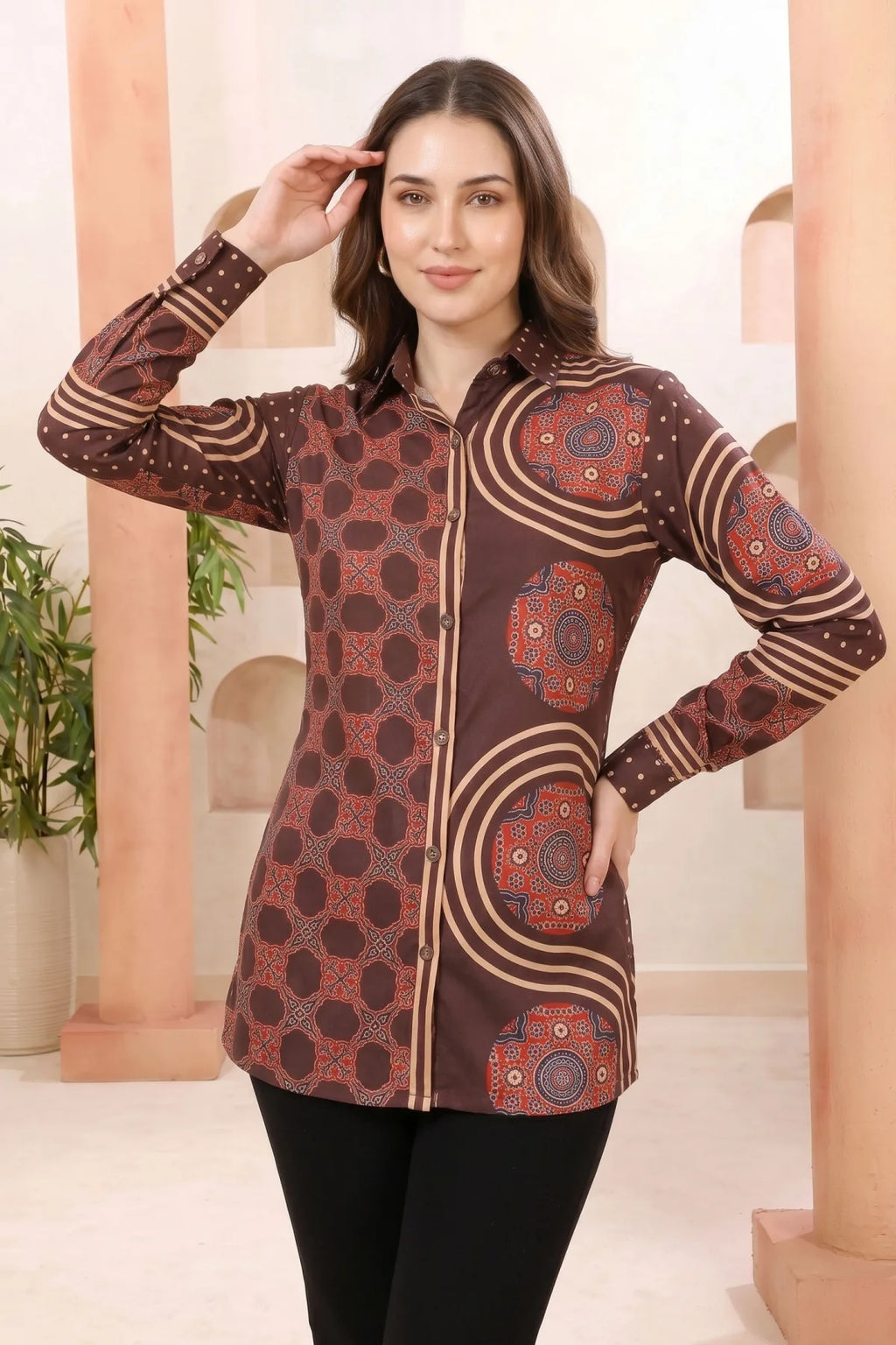 Coffee Brown Modal Silk Shirt Style Tunic