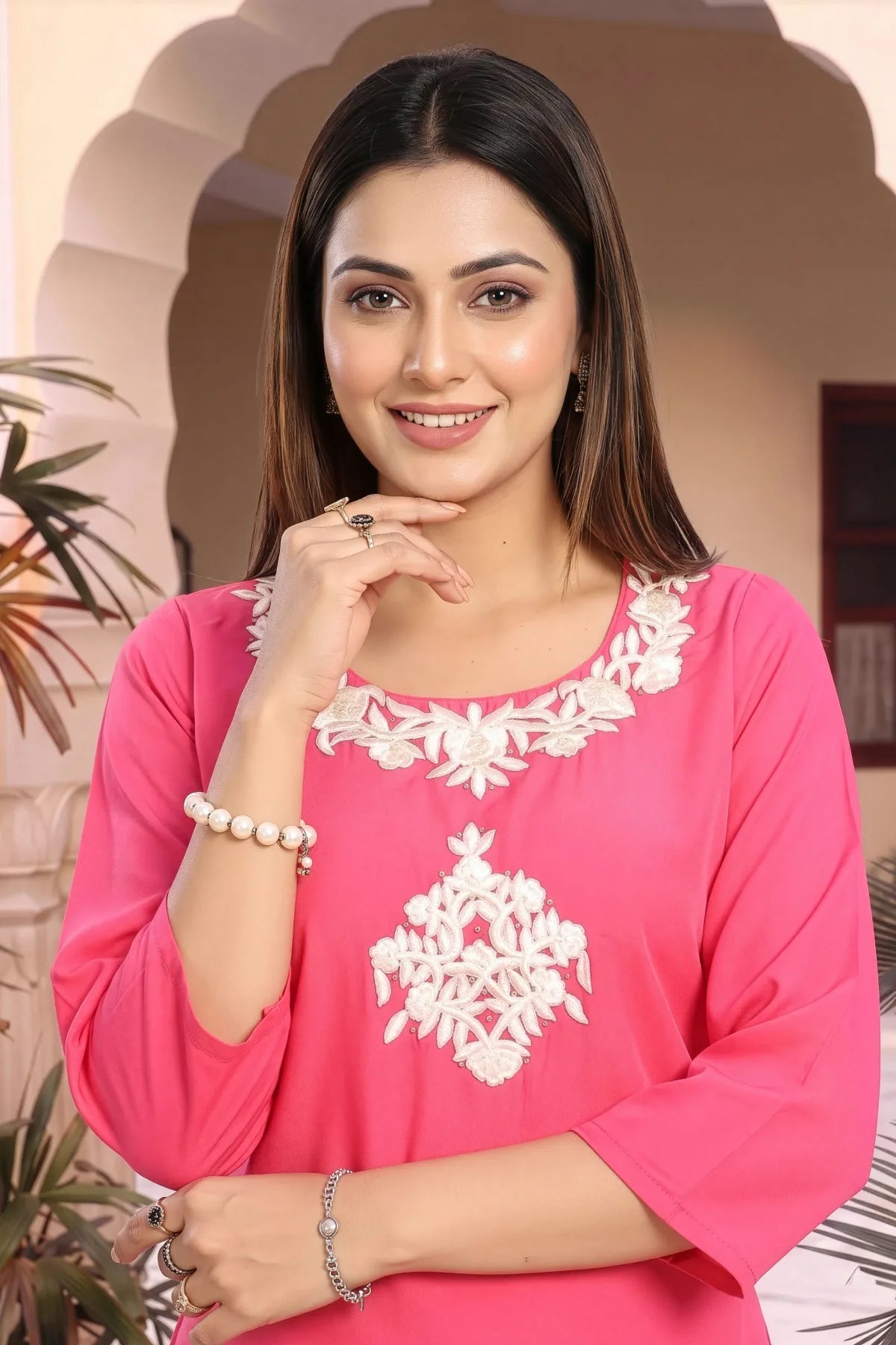 Pink Embroidered Short Tunic with White Thread Work