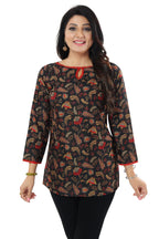 Black Cotton Slub Printed Short Kurti