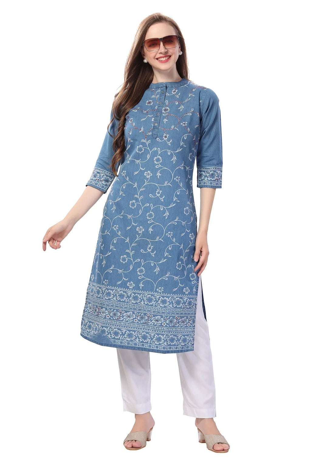 Denim Light Blue Floral Printed Kurti With Thread Work