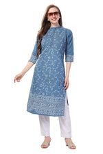 Denim Light Blue Floral Printed Kurti With Thread Work