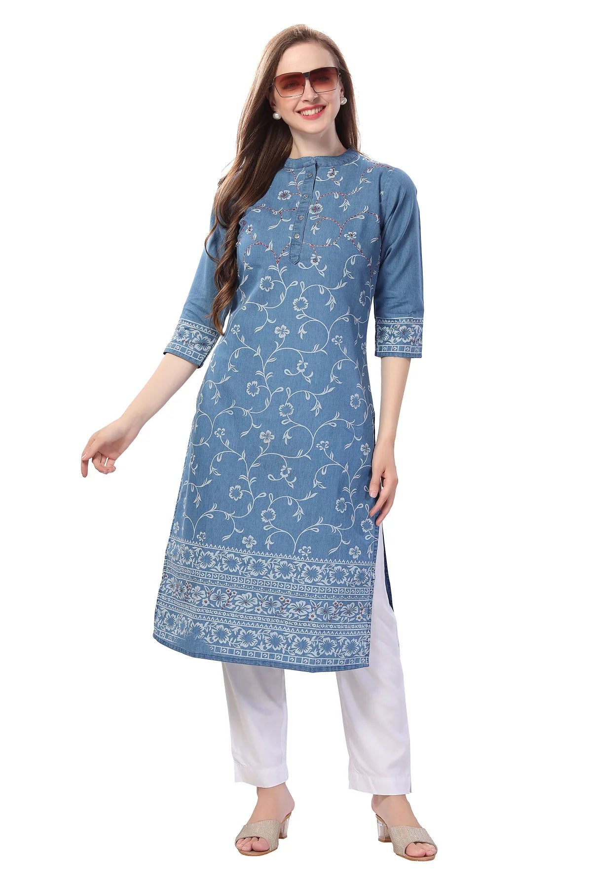 Denim Light Blue Floral Printed Kurti With Thread Work