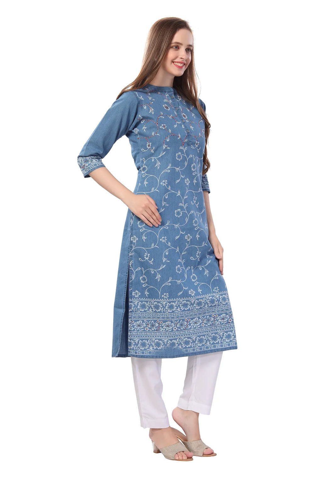 Denim Light Blue Floral Printed Kurti With Thread Work