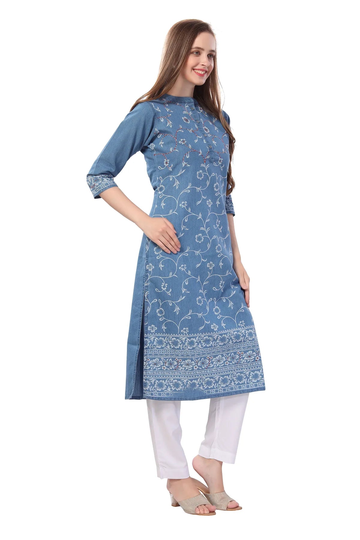Denim Light Blue Floral Printed Kurti With Thread Work