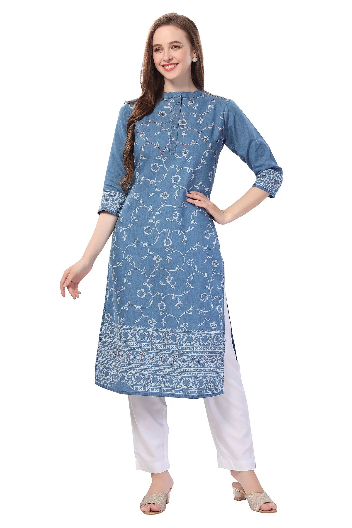 Denim Light Blue Floral Printed Kurti With Thread Work