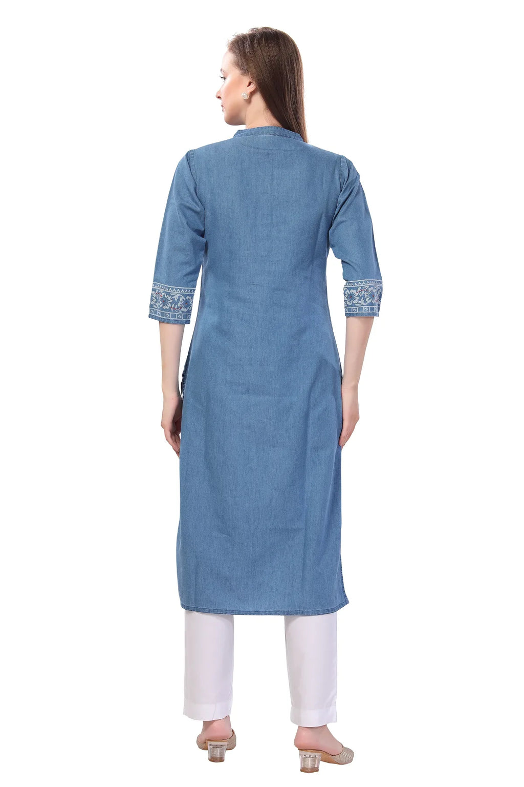 Denim Light Blue Floral Printed Kurti With Thread Work