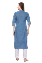 Denim Light Blue Floral Printed Kurti With Thread Work