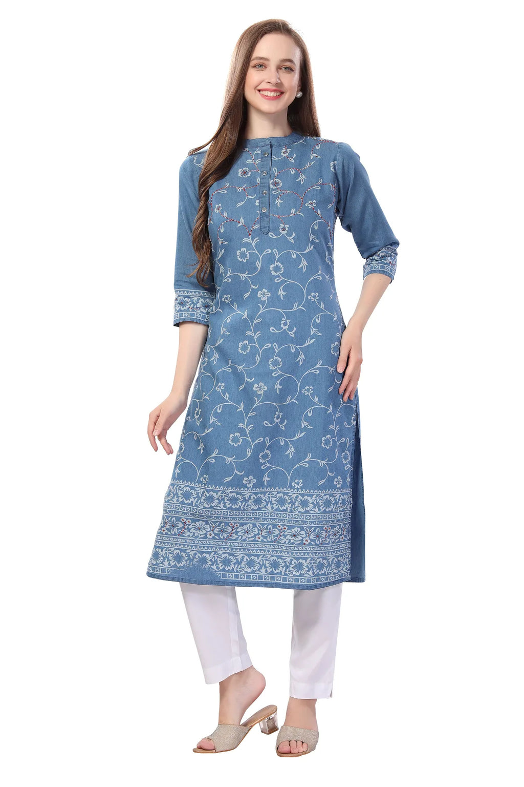 Denim Light Blue Floral Printed Kurti With Thread Work