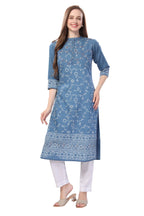 Denim Light Blue Floral Printed Kurti With Thread Work