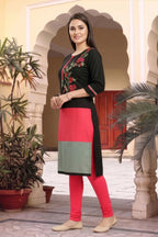 Black Raw Silk Tunic with Floral Threadwork and Colour Block
